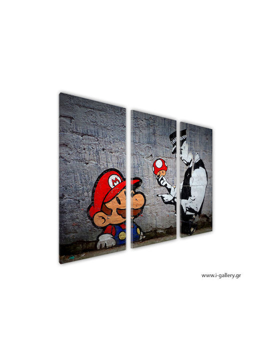 Canvas Painting Mario Mushrooms Banksy Threefold Triptych 60x40 Cm 3 Pieces 20x40cm