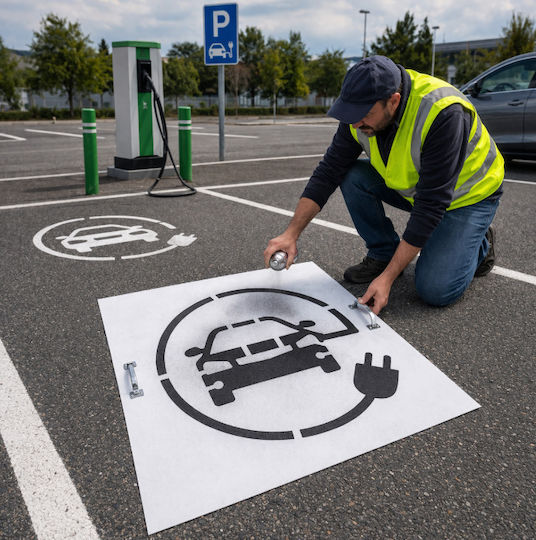 Straßenschablone Autoladung 70x70 Infoschild