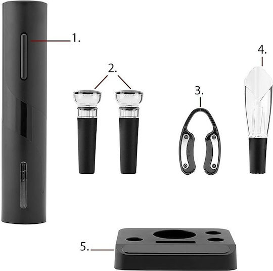Kesnup Set Tirbușon Electric 6 Accesorii Vin Include Deschizător Electric Tăietor Folie Aerator De Turnare 2 Pompe Vid Dopuri Suport Ergonomic Alimentat De 4 Baterii Aa Material Abs Premium Negru