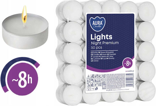 Aura Glass Lumânări Mici în Culoare Albă (până la 8 Ore de Ardere) 50 Bucăți