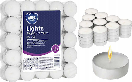 Aura Glass Lumânări Mici în Culoare Albă (până la 8 Ore de Ardere) 50 Bucăți