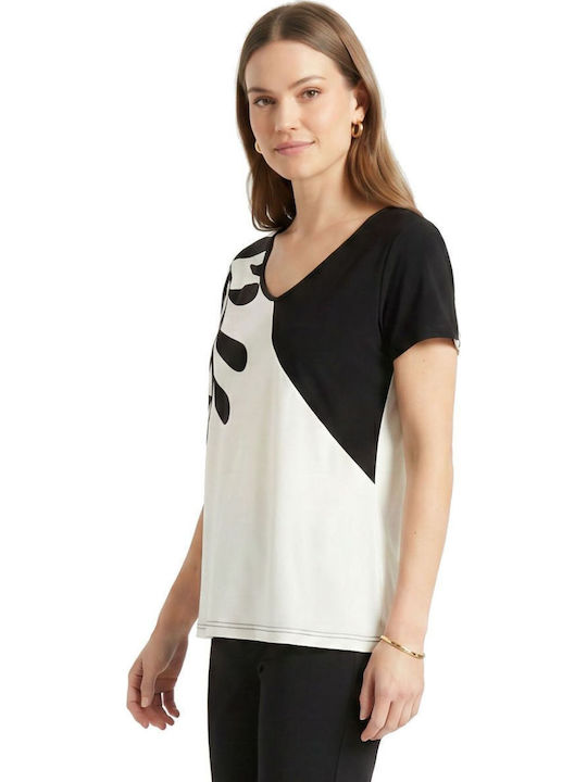 Women's Blouse with V-Neckline Floral Black and White