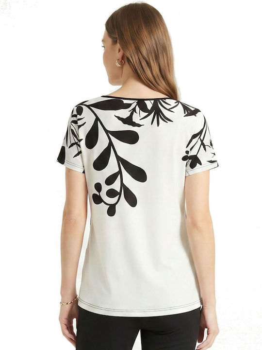 Women's Blouse with V-Neckline Floral Black and White