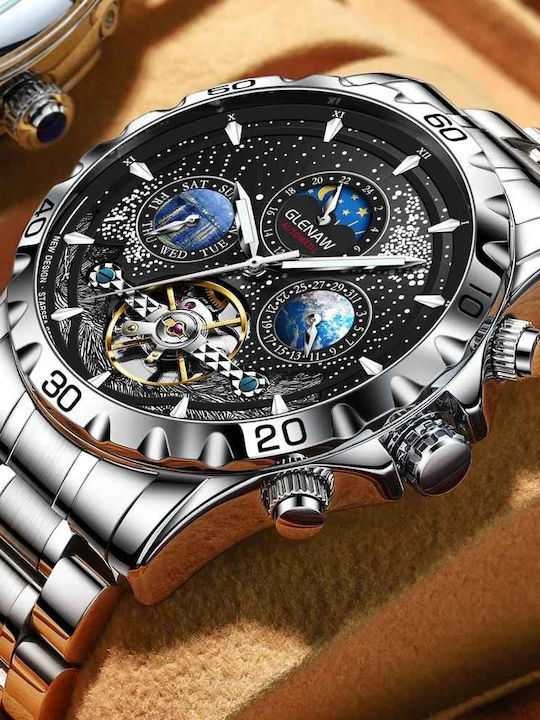 Glenaw Ceas Barbatesc 43mm Automat cu Brățară din Metal Argintie
