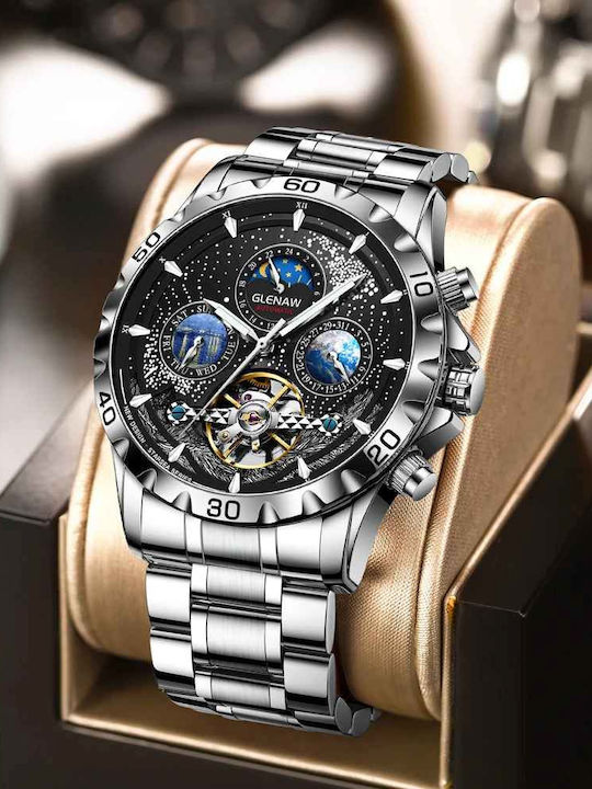 Glenaw Ceas Barbatesc 43mm Automat cu Brățară din Metal Argintie
