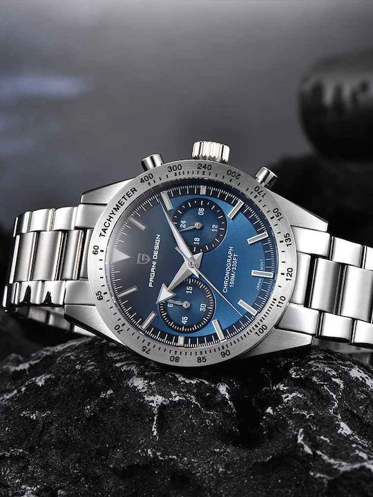 Pagani Design Ceas Barbatesc 40mm Cronograf cu Baterie cu Brățară Metalică Argintie