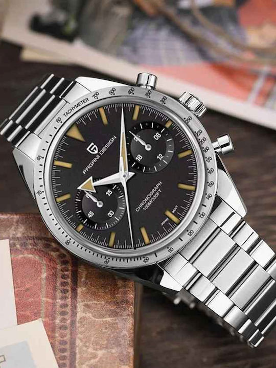 Pagani Design Ceas Barbatesc 40mm Cronograf cu Baterie cu Brățară din Metal Argintie