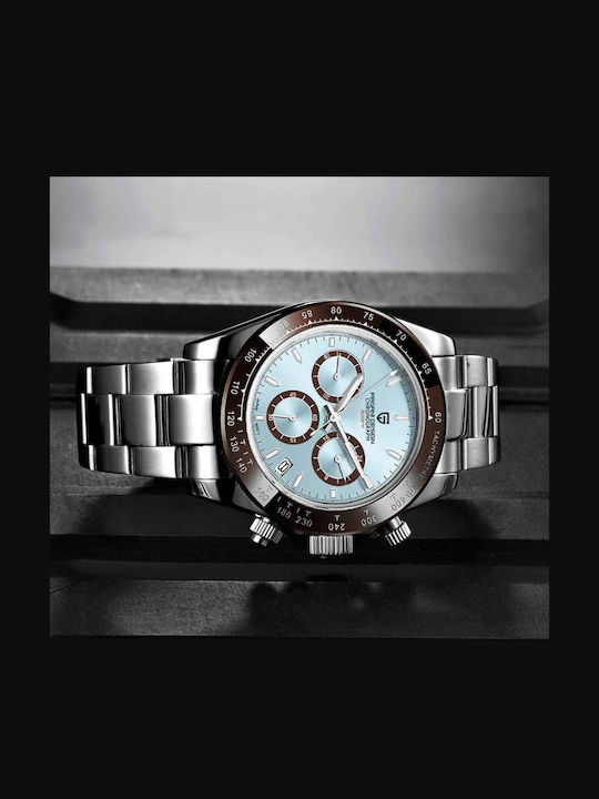Pagani Design Ceas Barbatesc 40mm Cronograf cu Baterie cu Brățară Metalică Argintie