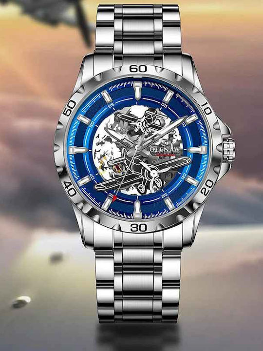 Glenaw Ceas Barbatesc 43mm Automat cu Brățară din Metal Argintie