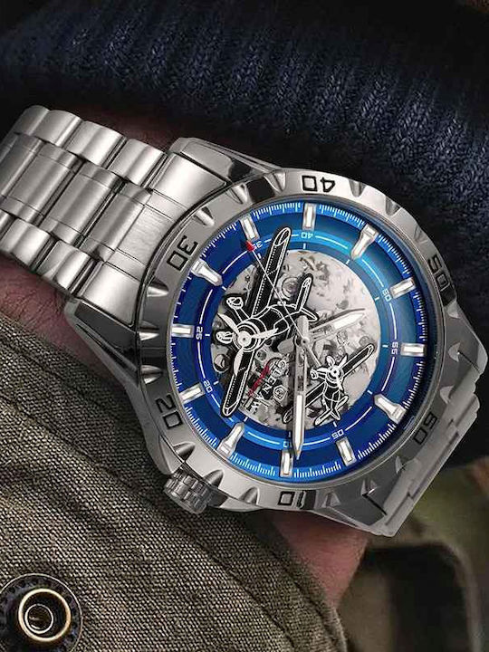 Glenaw Ceas Barbatesc 43mm Automat cu Brățară din Metal Argintie
