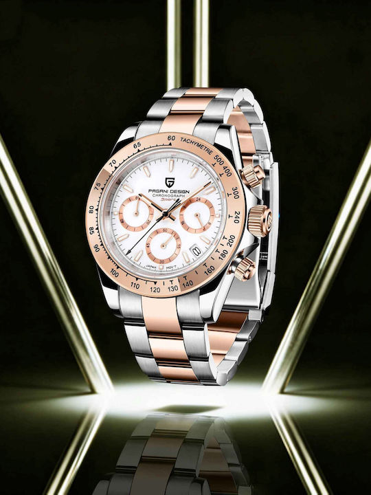 Pagani Design Ceas Barbatesc 40mm Cronograf cu Baterie cu Brățară Metalică Argintie