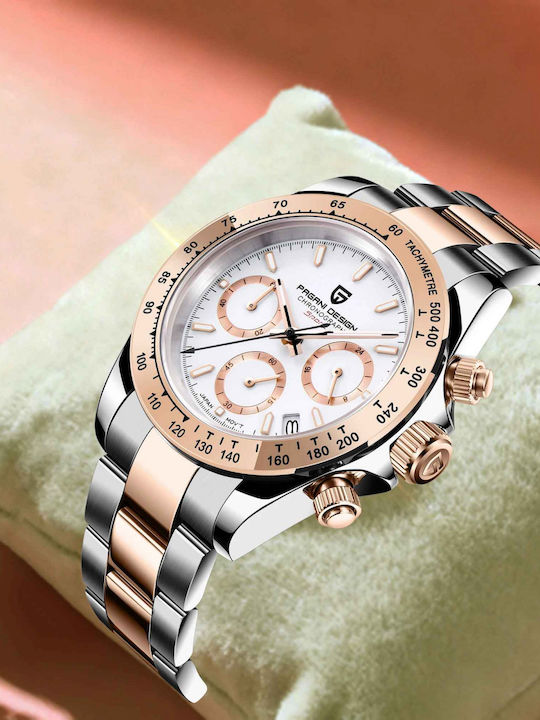 Pagani Design Ceas Barbatesc 40mm Cronograf cu Baterie cu Brățară Metalică Argintie