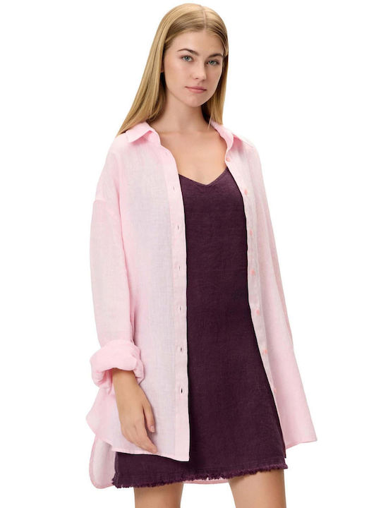 Long Sleeve Women's Linen Shirt Pink