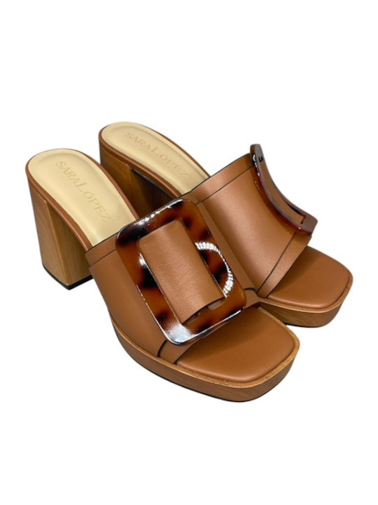 Δερμάτινα Mules με Τακούνι σε Ταμπά Χρώμα