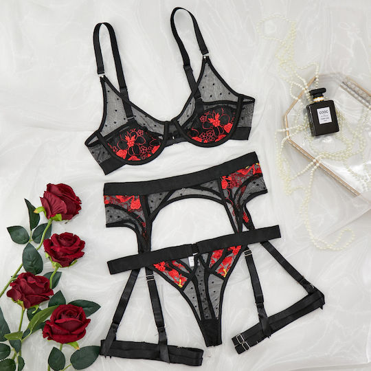 Rylie 4 Piece Lingerie Set Sheer Underwire Embroidered Floral Polka Dot Garters & Thong