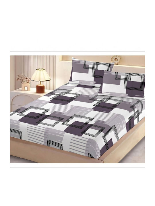 Pucioasa Set Cearceafuri De Pat Cu 2 Fețe De Pernă Super Dublu Cu Hugger Din Cauciuc 160x200cm Pătrate Gri (3 Bucăți)