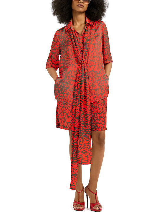 Women's Satin Short Sleeve Blouse Red-Black