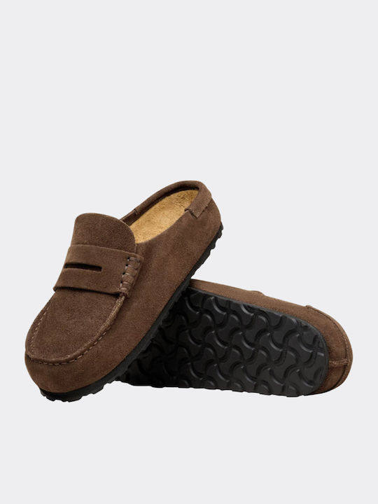 Leather Mules with Heel in Brown Colour