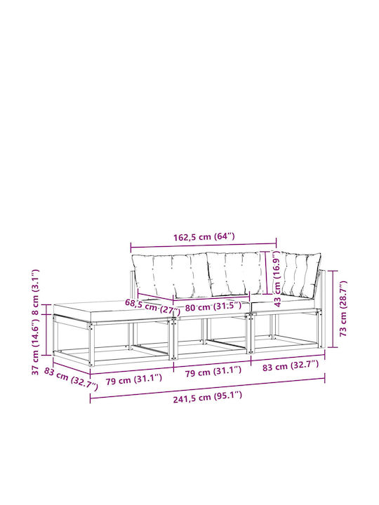 Three-Seater Outdoor Wooden Sofa With Cushions 241.5x83x73cm