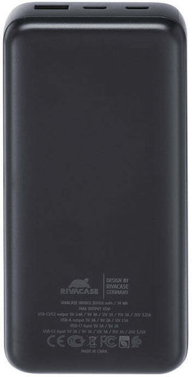 Rivacase VA1082 Power Bank 20000mAh 65W с USB-A порт и 2 USB-C порта Черен