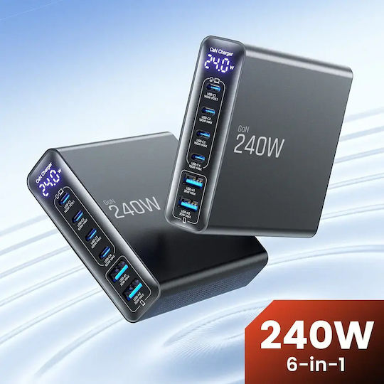 Tech-Protect GaN Handyladegerät mit 2 USB-A Ausgangsanschlüsse und 4 USB-C Ausgangsanschlüsse 240W Stromlieferung / Schnellladetechnologie 3.0 in Schwarz Farbe (DC240W-GAN)