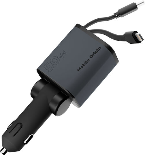 Mobile Origin Car Charger 50W 3A Fast Charging with Ports 1xUSB 1xType-C with Lightning / Type-C Cable Gray Color
