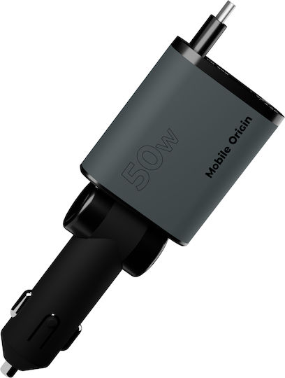 Mobile Origin Car Charger 50W 3A Fast Charging with Ports 1xUSB 1xType-C with Lightning / Type-C Cable Gray Color