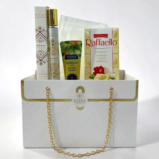Set Premium Luxury Alb Eșarfă din Mătase Albă Parfum Badee Al Oud 35 Ml Cremă de Mâini Raffaello În Cutie Cadou Stil Geantă