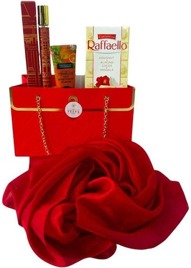 Set Premium Luxury Roșu Eșarfă de Mătase Roșie Parfum M F Kurkdjian 35 Ml Cremă de Mâini Raffaello În Cutie Cadou Tip Geantă