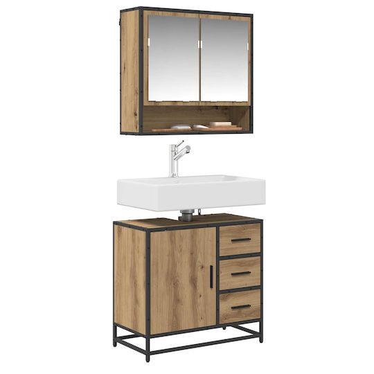 vidaXL Badezimmer Waschtisch-Einheit mit Waschbecken, Spiegel und Spalte M65xB33xH60cm Artisan Eiche