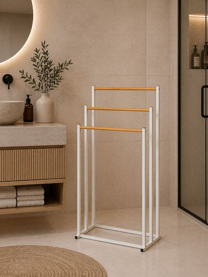 Floor Standing Bathroom Hanger 3 Positions Metallic Bamboo 45x23x85cm White Natural Mrshome Df-0030000 Floor Standing Bathroom Hanger 3 Positions Metallic Bamboo 45x23x85cm White Natural Mrshome Df-0030000