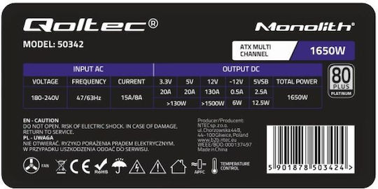 Qoltec 1650W Μαύρο Τροφοδοτικό Υπολογιστή 80 Plus Platinum (50342)