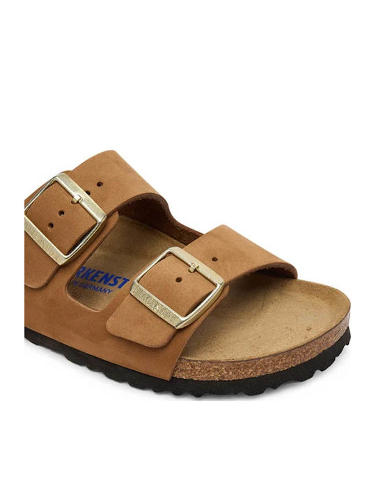 Soft Footbed Leather Women's Flat Sandals Tabac Brown Narrow Fit