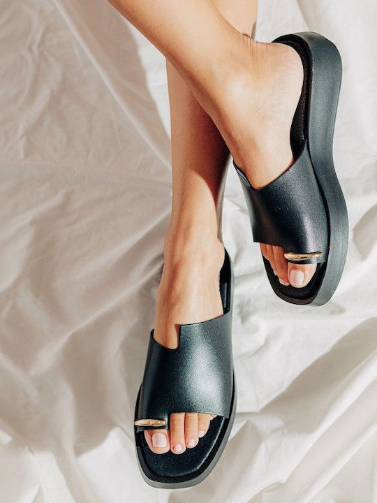 Negru Flatform De Piele Handmade Sandală Decorativă