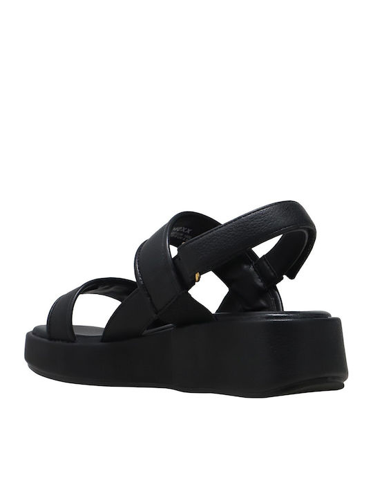 Leather Women's Flat Sandals with Strap in Black Color