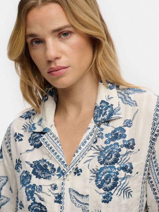 Kurzärmeliges Damenhemd Blau Blumen