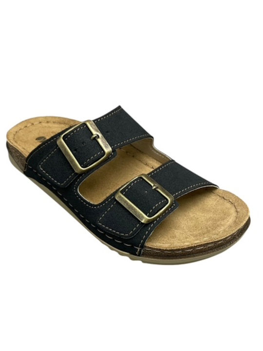 Leather Women's Flat Sandals in Black Color