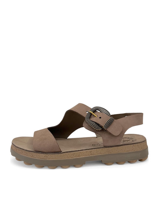 Leather Women's Flat Sandals with Strap in Brown Color