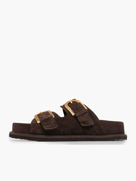 Δερμάτινα Γυναικεία Σανδάλια Flatforms Καφέ