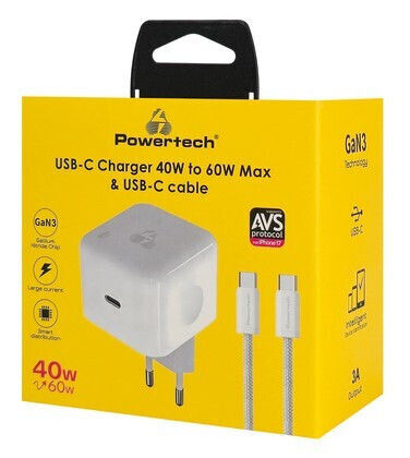 Powertech Φορτιστής GaN με Θύρα USB-C και Καλώδιο USB-C - USB-C 60W Power Delivery / Quick Charge 3.0 Λευκός (PT-1581)
