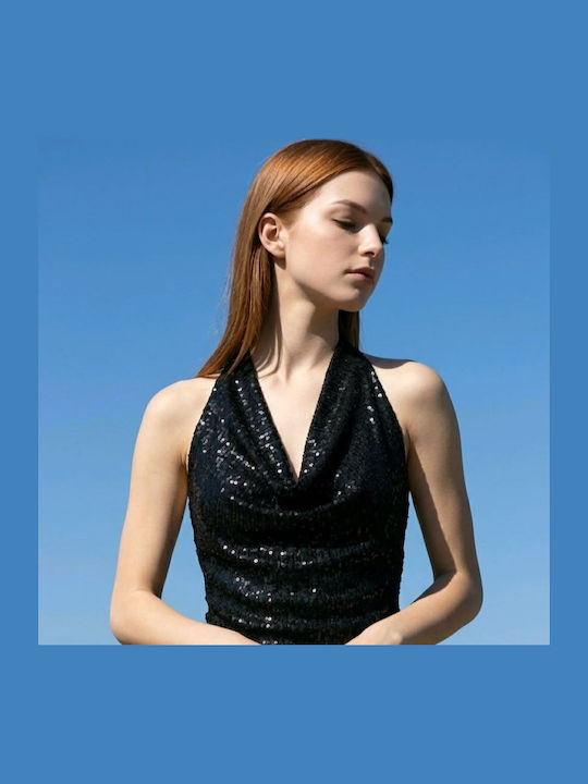 Women's Sleeveless Top with Tie at Neck Black