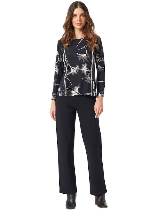 Damen Langärmeliges Blumen Pullover Grau