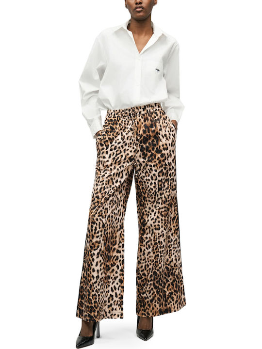 Women's Fabric Trousers with Rubber Band in Straight Leg Style Leopard Brown Black Beige