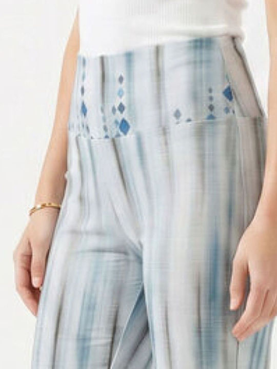 Women's Fabric Trousers with Rubber Band in Straight Leg Style Blue