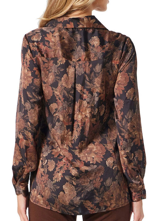 Long Sleeve Women's Satin Shirt Brown Floral