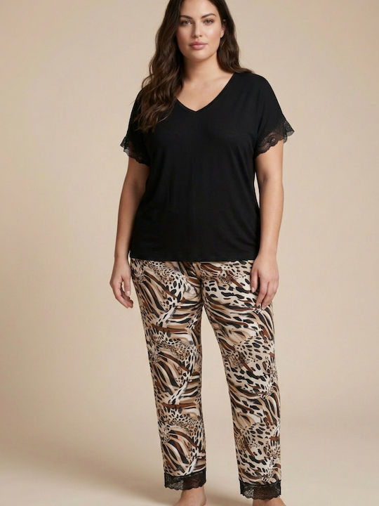 Siyah Inci Set Pijamale Dama de Vară Leopard