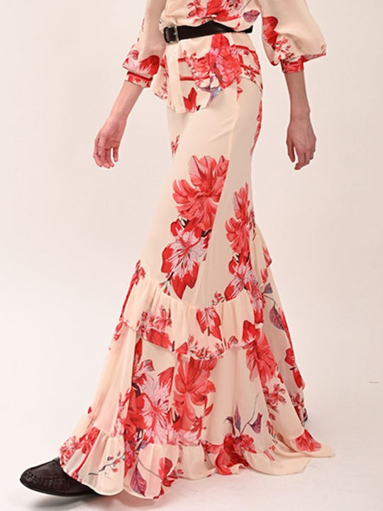Fustă Maxi Floral Roșu/Bej