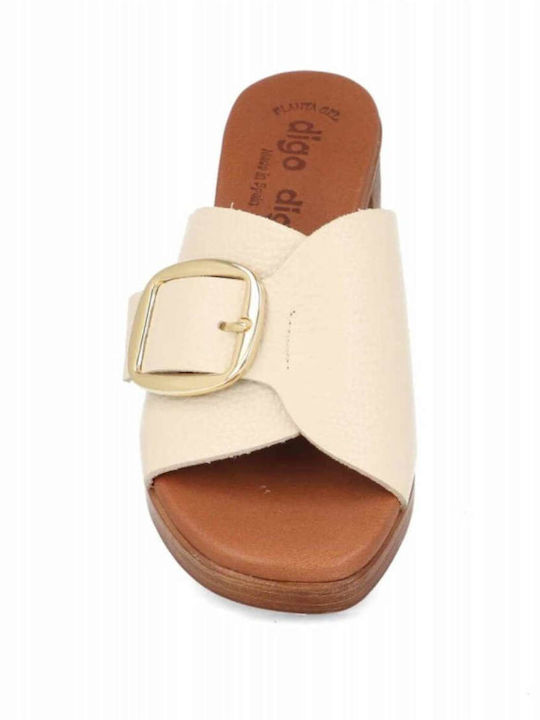 Leather Mules with Heel in Beige Colour