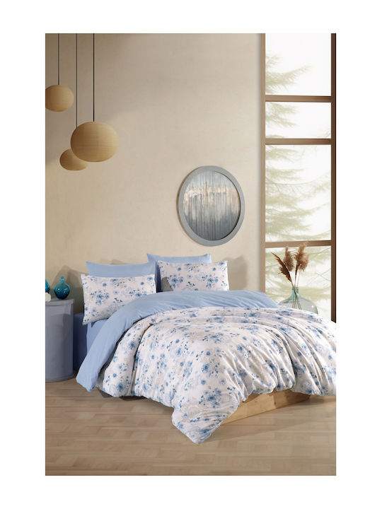 SteweHome Bed Sheet Set with 1 Pillowcase King Size with Rubber Hugger 200x220cm Blue Grey 4 Pieces