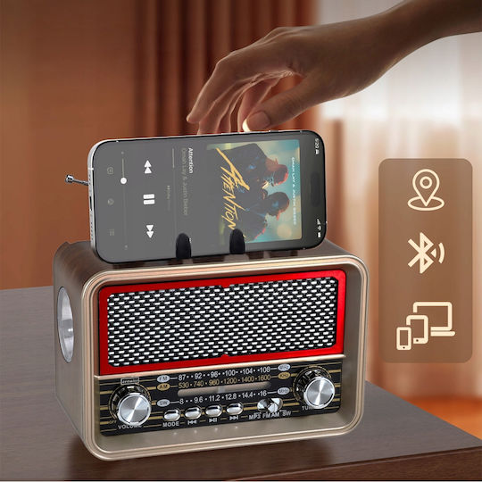 1234580 Retro Φορητό Ραδιόφωνο Ηλιακό με Bluetooth και USB Καφέ